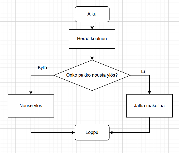 Aloitus(Alku)
→ Prosessi (Herää kouluun)
→  Valinta (Onko pakko nousta ylös?)
• Kyllä → Prosessi (Nouse ylös)
• Ei → Prosessi (Jatka makoilua)
→ Loppu (Loppu)