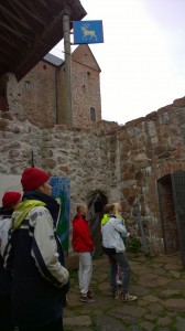 Merilinjalaiset Kastelholman linnan pihalla. Taustalla keskiaikainen vaakuna, jossa saksanhirvi. Saksanhirvi on myös nykyisessä Ahvenanmaan vaakunassa.