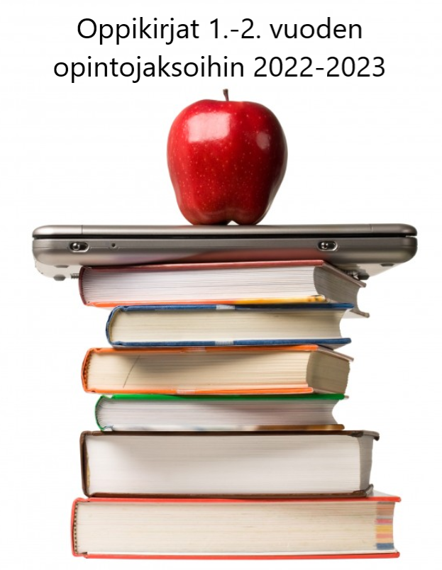 Kuva on linkki Puolalanmäen lukion lukuvuoden 2021-2022 LOPS 2021 oppikirjalistaan. Kuvassa on kirjapino, jonka päällä on tietokone ja omena.