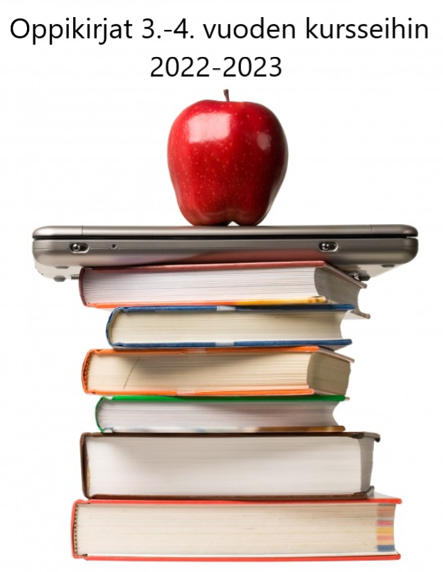 Kuva on linkki Puolalanmäen lukion lukuvuoden 2021-2022 LOPS 2016 oppikirjalistaan. Kuvassa on kirjapino, jonka päällä on tietokone ja omena.
