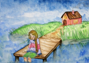 Oppilaan akvarellimaalaus, jossa tyttö istuu laiturilla ja liottelee jalkojaan vedessä. Taustalla on saari, jossa punainen mökki.
