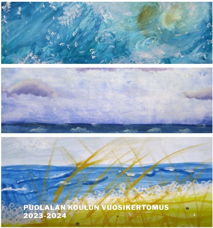 Lukuvuoden 2023-2024 otsakekuva koostuu kolmesta oppilaiden maalaamasta meren vesi kuvasta.