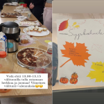 Herkkumyyntipöytä ja syyskahvilan mainosposteri.
