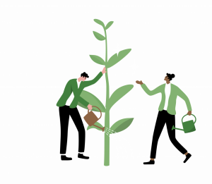 Kaksi henkilöä ravitsee kasvia kukoistaakseen.