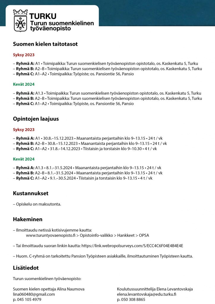 OPSA-hankkeen esite. Suomen kieltä maahanmuuttajille.