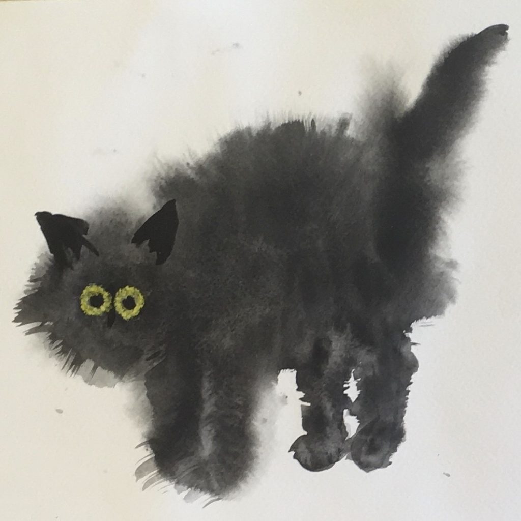 Akvarellityö musta kissa