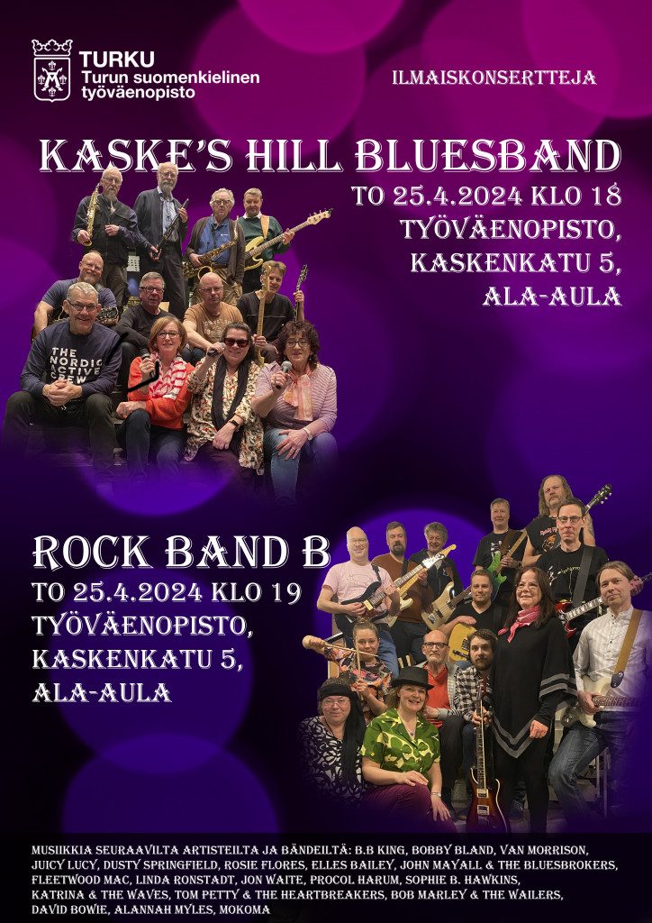 Konserttiesite: Kaske’s Hill Bluesband -konsertti to 25.4. klo 18 ja Rock Band B -konsertti to 25.4. klo 19 opistotalon ala-aulassa.