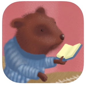 Pieni karhu lukee kirjaa sinisessä paidassaan.