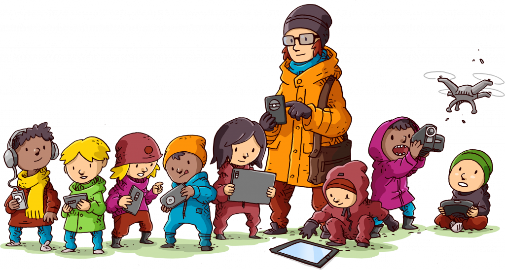 Aikuinen ja ryhmä lapsia kuvaavat ulkona puhelimilla ja pädeillä. 